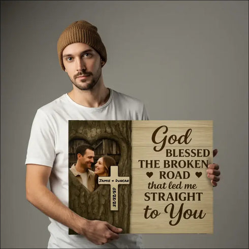 Personalized wooden sign featured in God Blessed The Broken Road Canvas Print for Couples